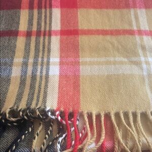 Plaid Fringe Scarf in Red and Tan cashmere
